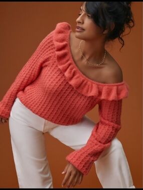 Anthropologie Coral Ruffled Off-Shoulder Knit Sweater